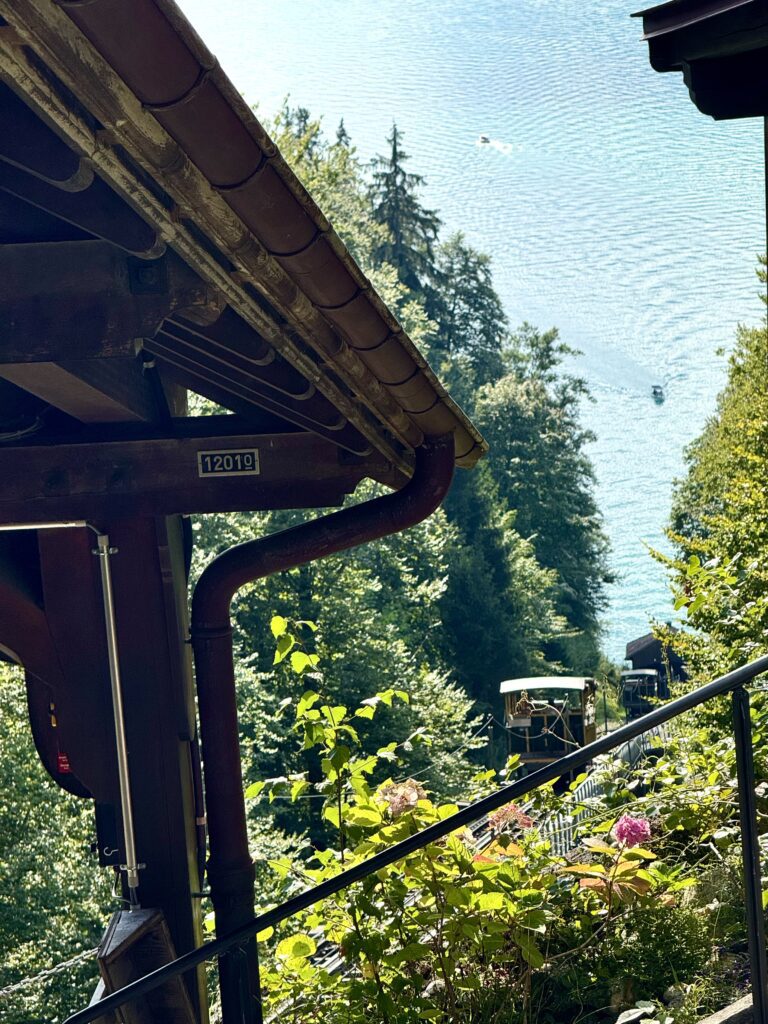 Historic Giessbach funicular railway carriage near Grand Hotel Giessbach, Switzerland