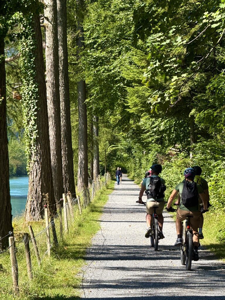 Cyclists riding along the Aare River on Interlaken E-bike Tour