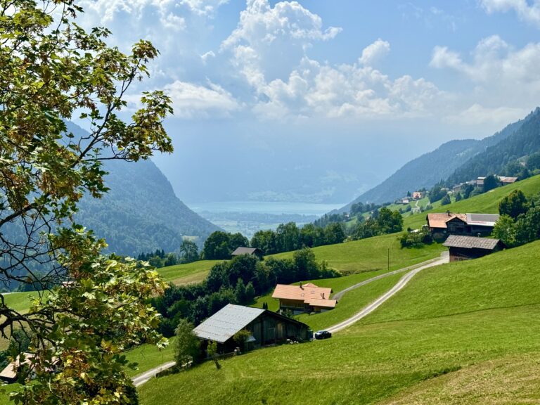 View of the Habkern valley near Interlaken on the E-bike tour, with Lake Thun and Jungfrau region scenery.