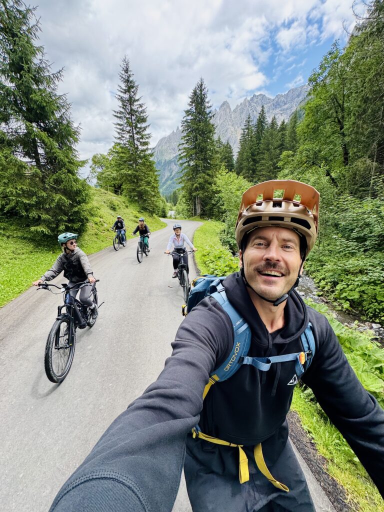 Cyclists enjoying the Rosenlaui Valley E-bike Tour from Interlaken in the Swiss Alps