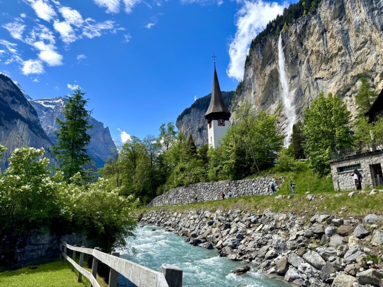 River and Staubbach Falls in Lauterbrunnen Valley, Switzerland.